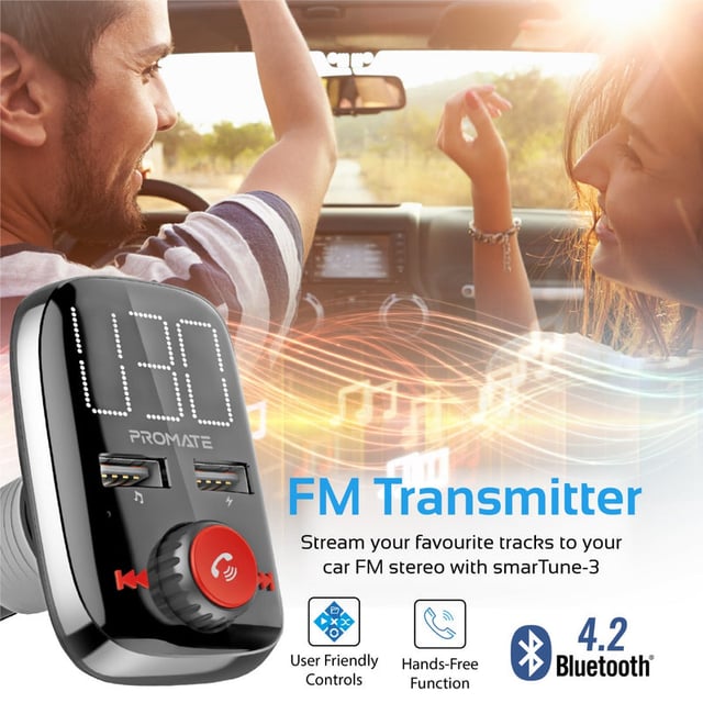 مشغل ام بي ثري للسيارة متعدد الاستخدامات Promate Wireless In-Car FM Transmitter With Dual USB Charging Ports