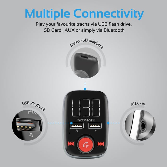 مشغل ام بي ثري للسيارة متعدد الاستخدامات Promate Wireless In-Car FM Transmitter With Dual USB Charging Ports