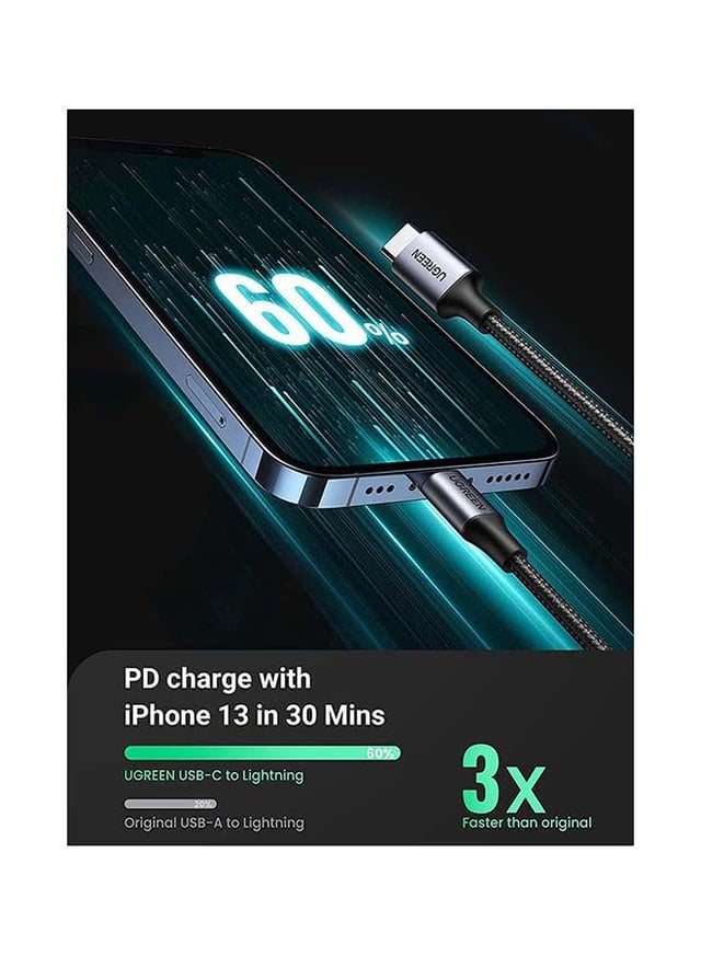 UGREEN iPhone Cable 1M [MFi Certified] USB C to Lightning Fast Charging Wire Braided Cord 18W Fast PD Charge for iPhone 13/12/11/XS/Pro Max /Pro/Mini/SE/ ipad 9 black
