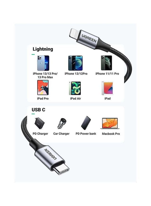 UGREEN iPhone Cable 1M [MFi Certified] USB C to Lightning Fast Charging Wire Braided Cord 18W Fast PD Charge for iPhone 13/12/11/XS/Pro Max /Pro/Mini/SE/ ipad 9 black