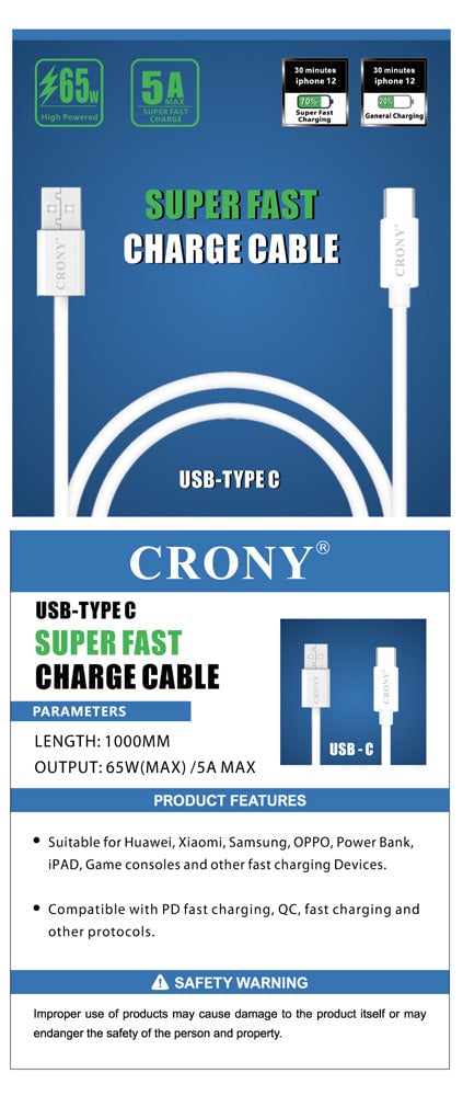 كيبل شحن من USB الى Type C  - أبيض CRONY Quick Charge & Data U-C Cable