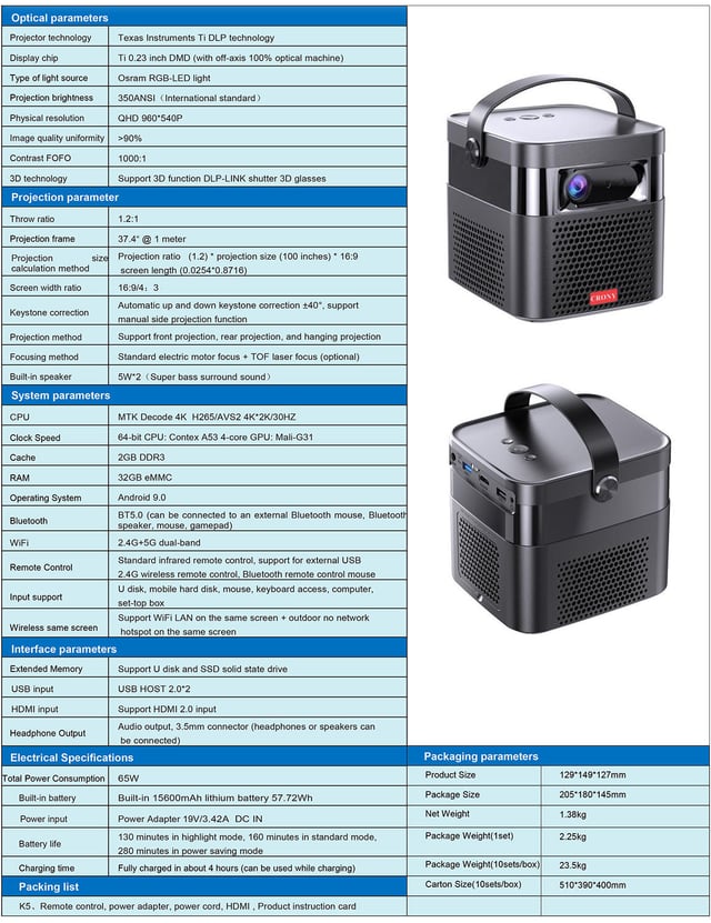 بروجكتر محمول للمعلمين بنظام أندرويد CRONY K5 upright Projector 800 ANSI