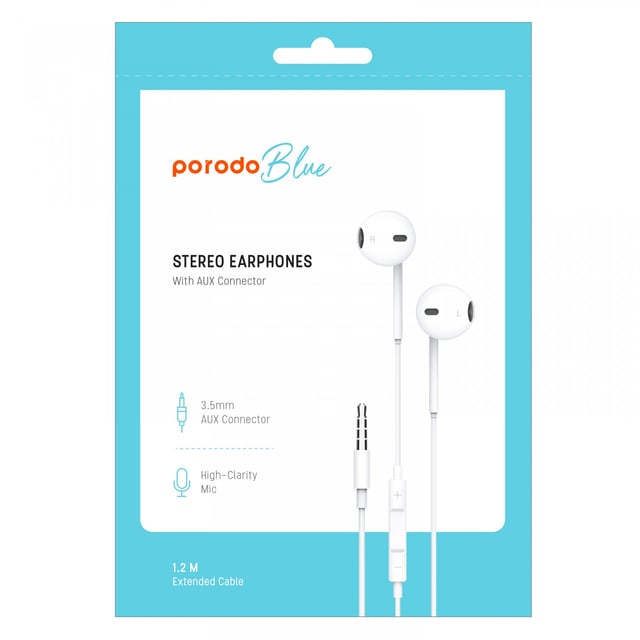 Porodo Blue Stereo Earphones with Aux Connector 3.5mm - White [ PB-STOAEP-WH ]