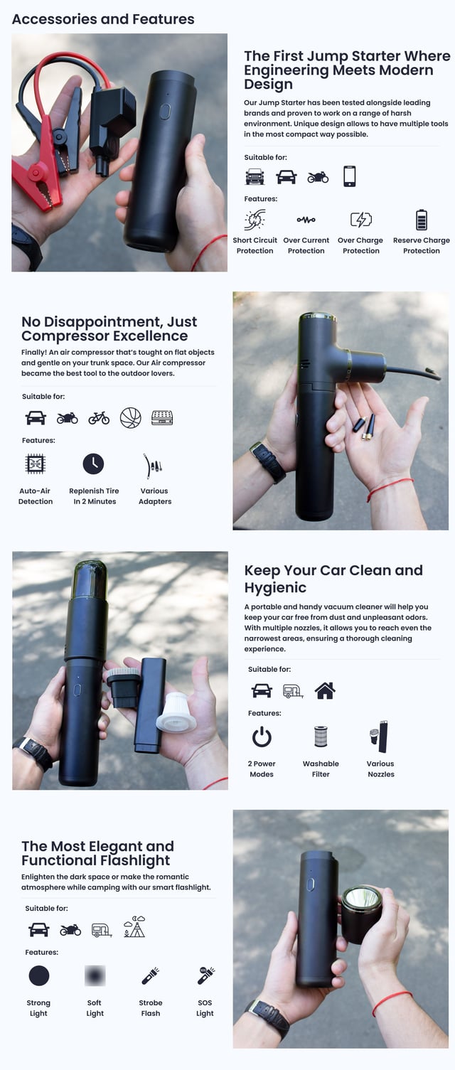 شاحن بطارية سيارة متنقل و منفاخ ومكنسة سيارة مع باور بانك مدمج 10000 مللي أمبير Jump Starter Portable with Air Pump, Vacuum Cleaner, Flashlight And Power Bank