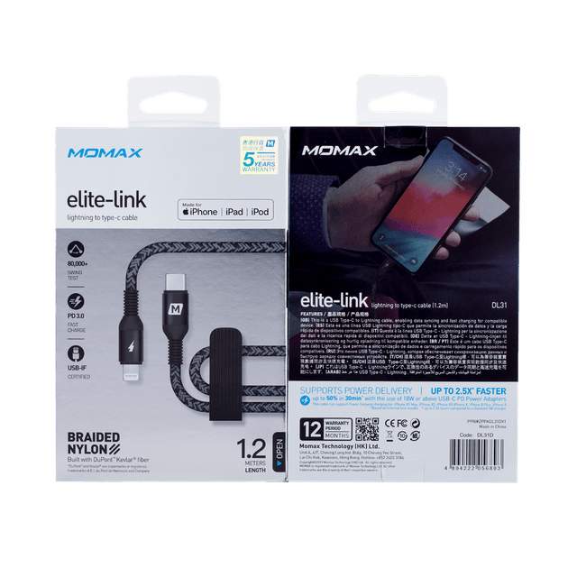 وصلة تايب سي الى لايتننغ 1.2 متر لون أسود من موماكس Momax elite link usb c to lightning cable