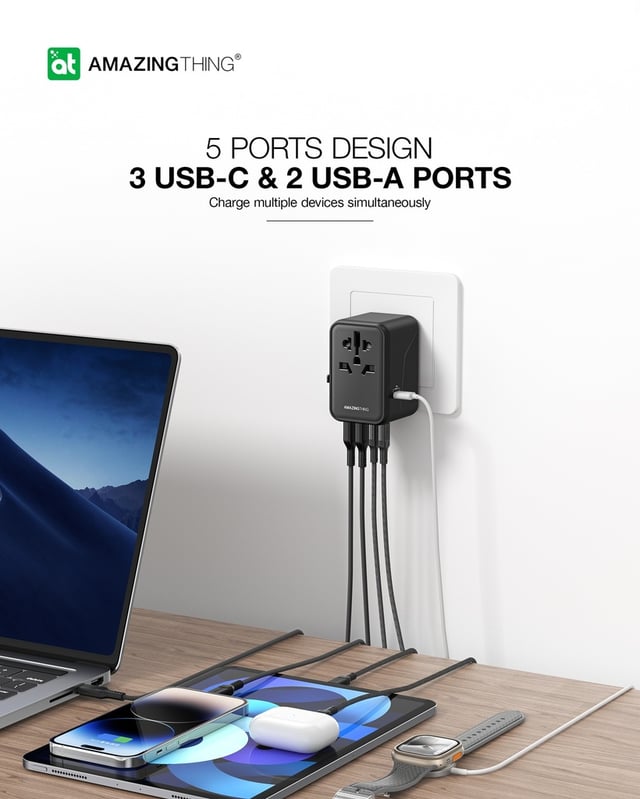 فيش السفر متعدد الاستخدامات 65 وات بي دي اكسبلورر برو 5 مآخذ من أميزنغ ثينغ لون أسود At explorer pro travel charger