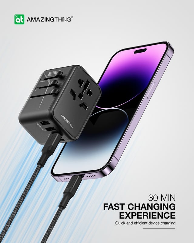 فيش السفر متعدد الاستخدامات 65 وات بي دي اكسبلورر برو 5 مآخذ من أميزنغ ثينغ لون أسود At explorer pro travel charger