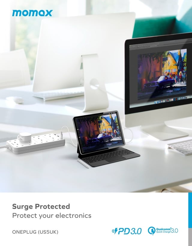 Momax oneplug 8 outlet power strip with usb space white