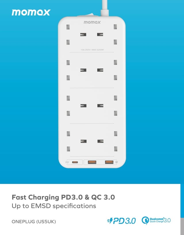 Momax oneplug 8 outlet power strip with usb space white