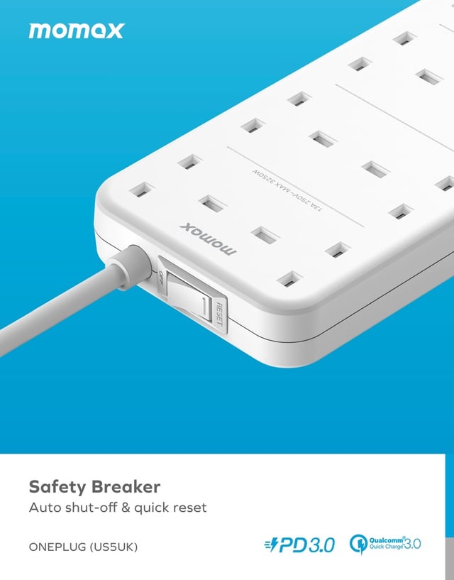 Momax oneplug 8 outlet power strip with usb space white