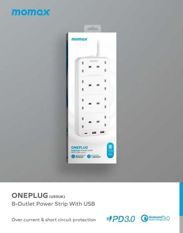 Momax oneplug 8 outlet power strip with usb space white