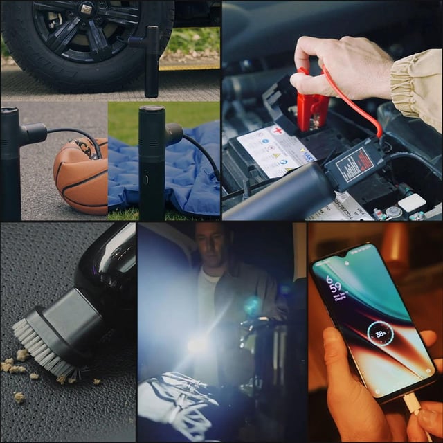 شاحن بطارية سيارة متنقل و منفاخ ومكنسة سيارة مع باور بانك مدمج 10000 مللي أمبير Jump Starter Portable with Air Pump, Vacuum Cleaner, Flashlight And Power Bank