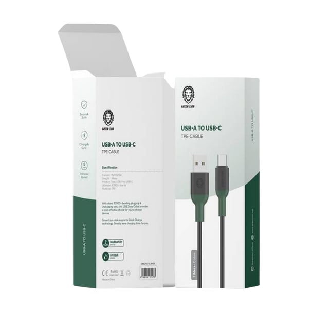 وصلة شاحن كيبل تايب سي جرين 1 متر Green Lion USB-A to Type-C TPE Cable