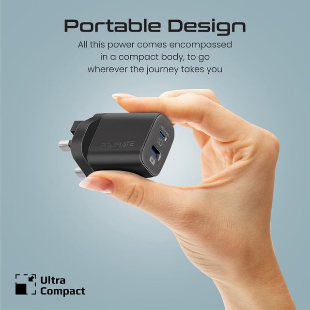 Promate 25W Power Delivery Dual Port Adapter with Ultra-Fast USB-C to Lightning Cable