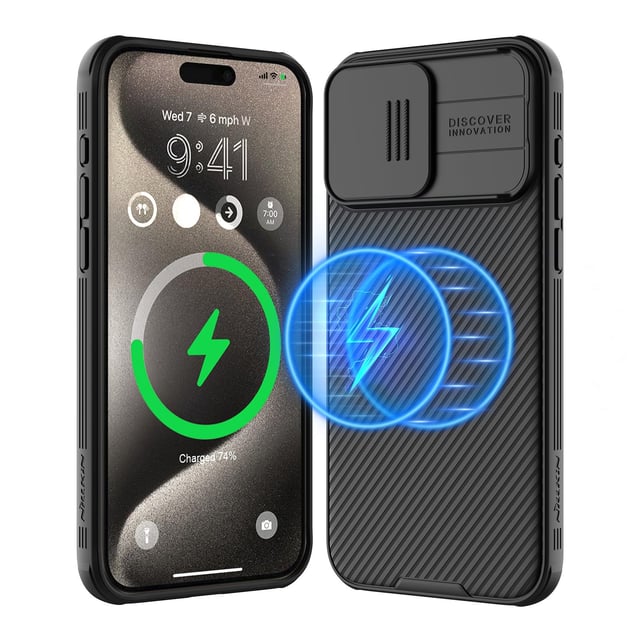 كفر ايفون 15 برو ماغ سيف أسود مع غطاء كاميرا بولي كربونات نيلكين Nillkin Magnetic Case for iPhone 15 Pro Case, Compatible with MagSafe, Sliding Camera Cover