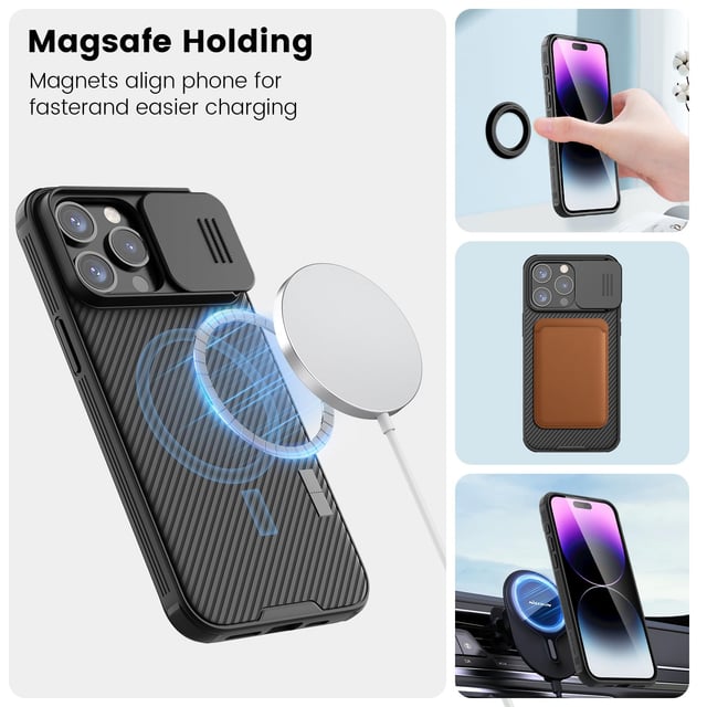كفر ايفون 15 برو ماغ سيف أسود مع غطاء كاميرا بولي كربونات نيلكين Nillkin Magnetic Case for iPhone 15 Pro Case, Compatible with MagSafe, Sliding Camera Cover