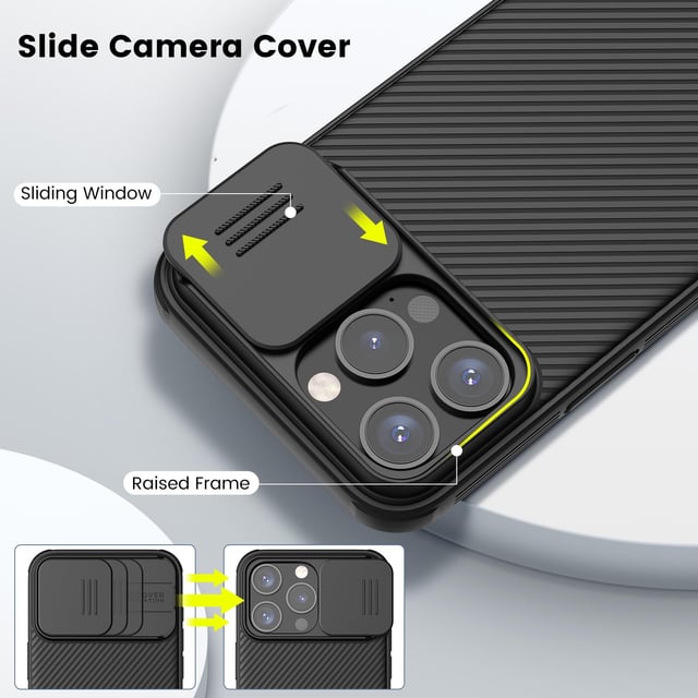 كفر ايفون 15 برو ماغ سيف أسود مع غطاء كاميرا بولي كربونات نيلكين Nillkin Magnetic Case for iPhone 15 Pro Case, Compatible with MagSafe, Sliding Camera Cover