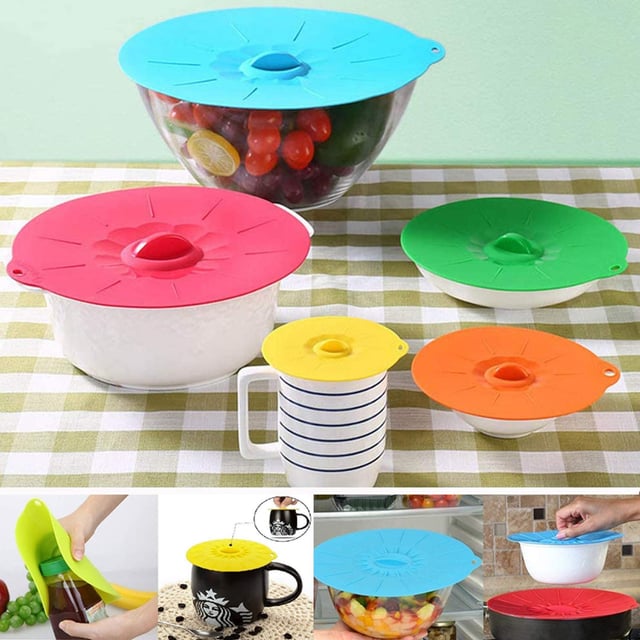 غطاء سيليكون للأطباق 5 قطع مقاومة للحرارة او اوزون O Ozone Reusable Silicone Suction Lids Heat Resistant Microwave Cover for Food Covers Lids for Cups