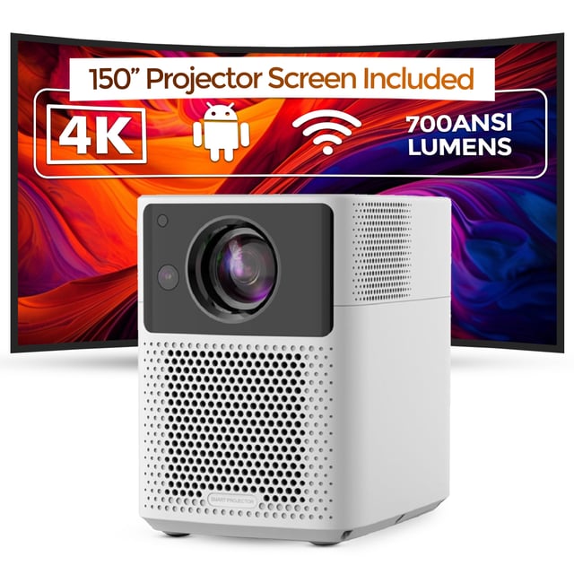 Wownect Smart Android Projector With 150 Inch Projector Screen 700ANSI Lumens Auto Focus & Auto Keystone1080P Portable Outdoor Movie Projector 4K Download Apps Bluetooth WiFi Video Projector