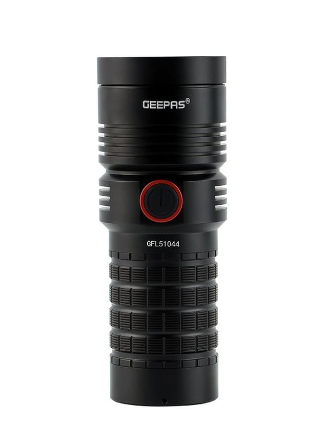 كشاف ليد 25 واط 15 ساعة مقاوم للمياه أسود جيباس Geepas Waterproof Led Flashlight With Power Bank Aluminum Housing With 25w High Power Led