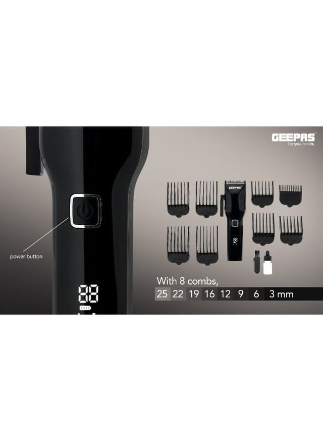 Geepas Digital Professional Hair Clipper, Trimmer 8 Combs Men Beard Mustache Edger With Led Display, Rechargeable Haircut Kit, Steel Blade