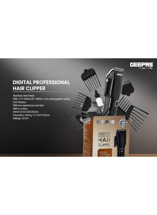 Geepas Digital Professional Hair Clipper, Trimmer 8 Combs Men Beard Mustache Edger With Led Display, Rechargeable Haircut Kit, Steel Blade