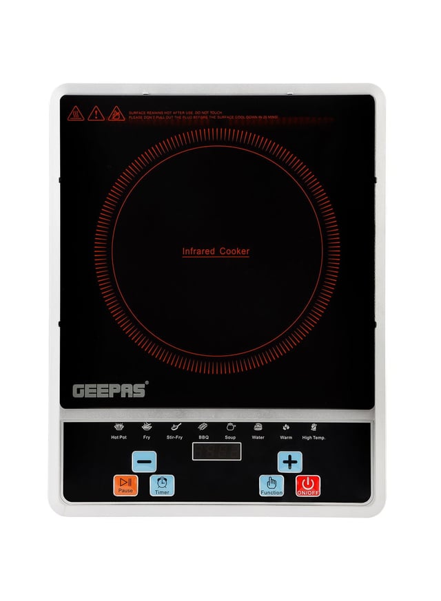 طباخ كهربائي 10 مستويات طاقة 200 واط أسود جيباس Geepas Digital Infrared Cooker Infrared Burner With 10 Level Adjustable Temperature, Single Cooking Hob With Button Control 2000W