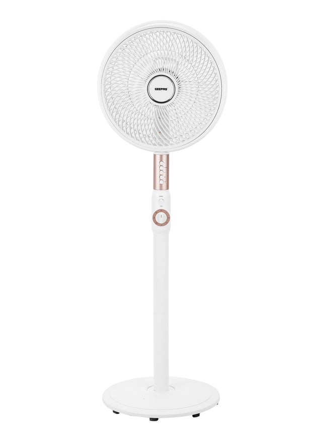 Geepas 14 Inches Stand Fan With Abs Circulator Head, As 5 Fins Blade,, 2 Hours Timer, Abs Body, Wide Angle Oscillation, Chrome & Silver Painting Decoration, Base With Heavy Rubber 60 W Silver