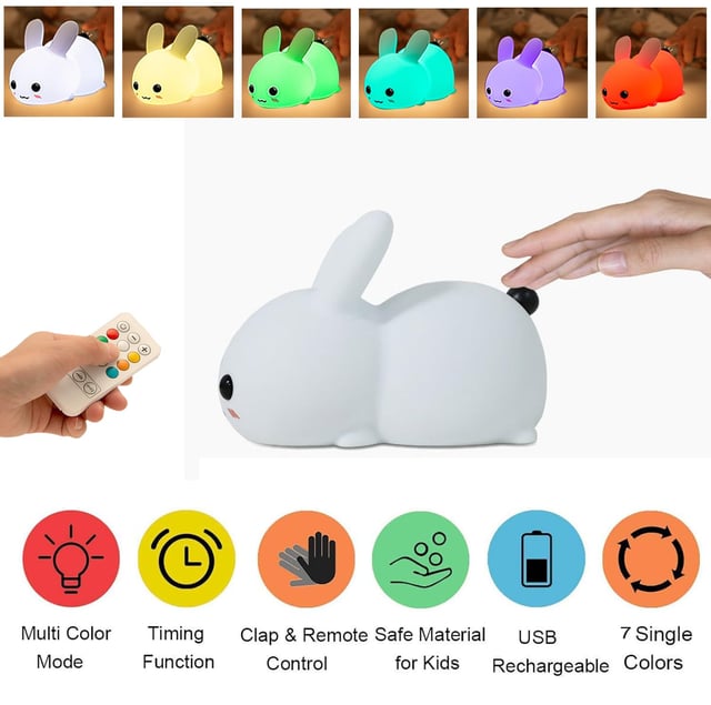 O Ozone Bunny Night Light for Kids Bedroom, Cute Rabbit Lamp Baby Nursery Nightlight 9 Colors Changing Soft Silicone LED Lights with Remote Control, Portable Night Light for Bedroom