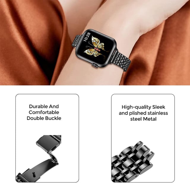 O Ozone Slim Metal Straps Compatible with Apple Watch Band Series Ultra SE 8 7 6 5 4 3 2 1 Stainless Steel Metal Replacement Wristband Bracelet Strap for Women- Black