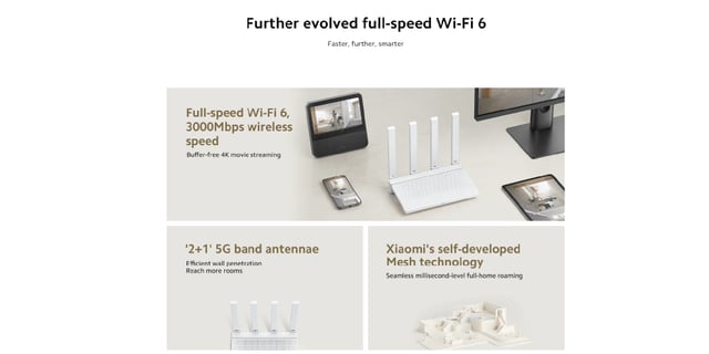 جهاز راوتر 4 هوائيات بسعة 256 ميجابايت 3000 ميجابت أبيض شاومي Xiaomi Router AX3000T EU