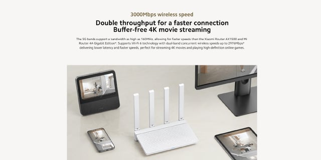جهاز راوتر 4 هوائيات بسعة 256 ميجابايت 3000 ميجابت أبيض شاومي Xiaomi Router AX3000T EU