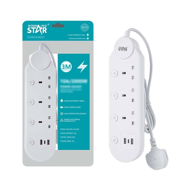 Winning Star Power Strip 1 Type-C 2 USB Ports 3 UK Outlet Electrical Extension Socket