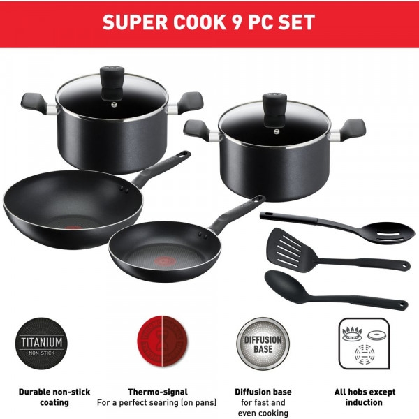 طقم قدور تيفال 9 قطع Tefal Aluminum Super Cook Non-Stick Cookware Set