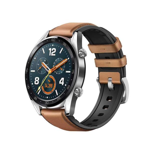 huawei smart watch gt stainless steel with saddle brown leather silicone strap - SW1hZ2U6MTc4NDQ=