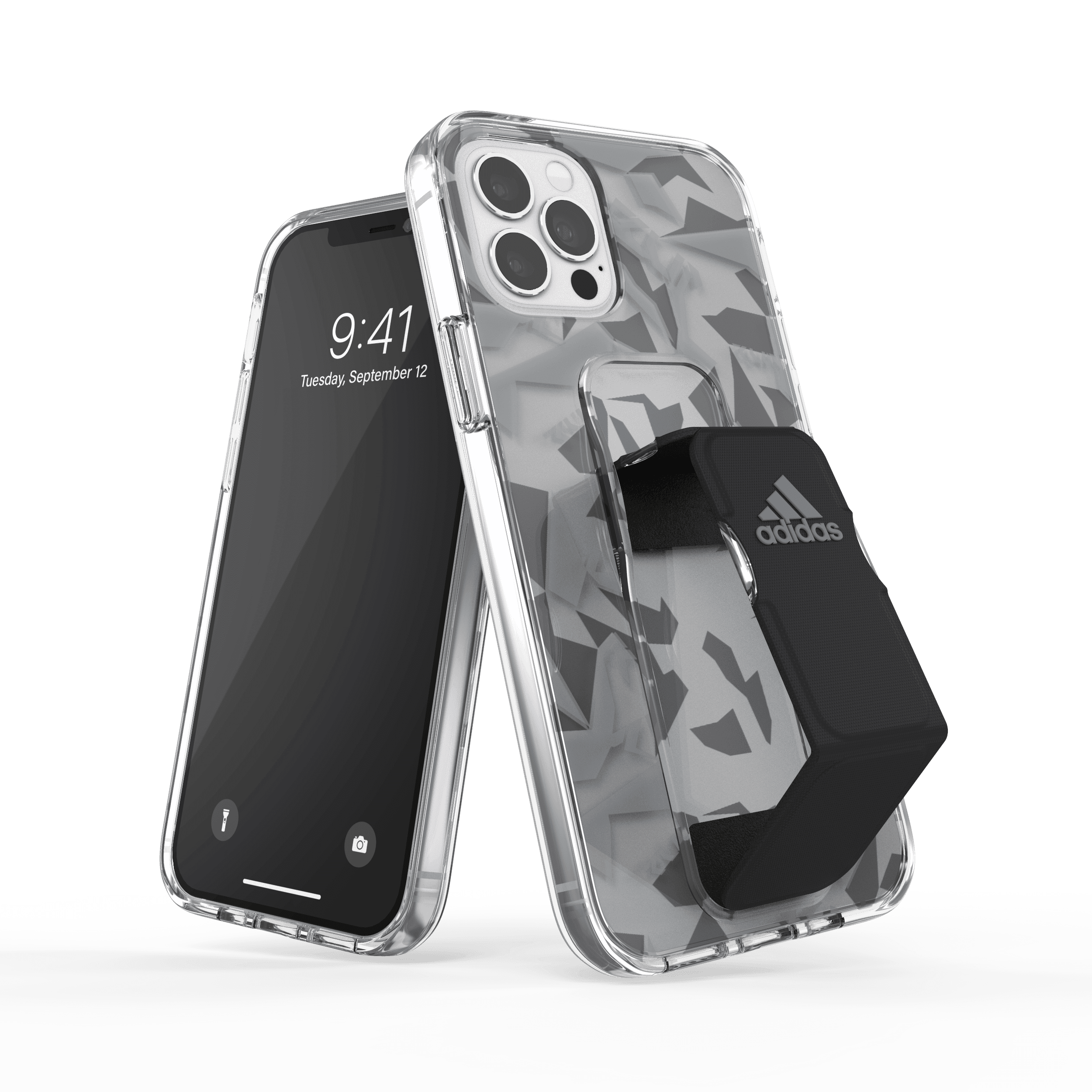كفر مع حامل Adidas - SPORT Apple iPhone 12 Pro Clear Grip Case or Stand - أسود  رمادي