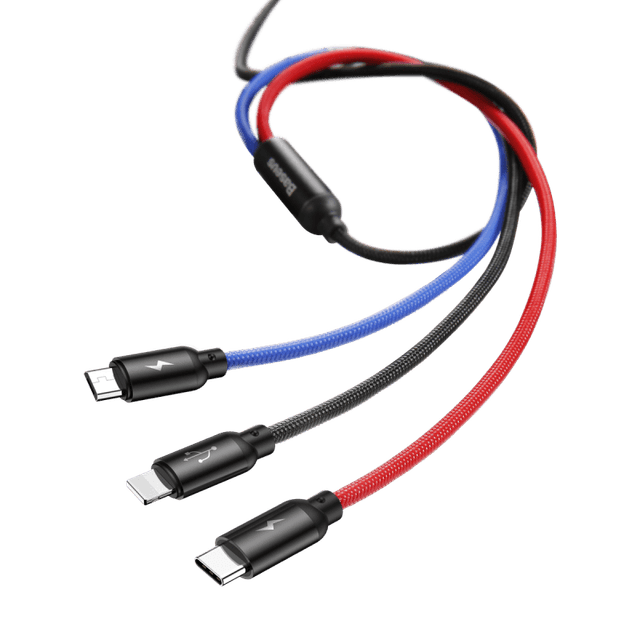 كابل الشحن Baseus Three Primary Colors 3-in-1 Cable USB For M+L+T 3.5A 30CM أسود - SW1hZ2U6NzY1ODI=
