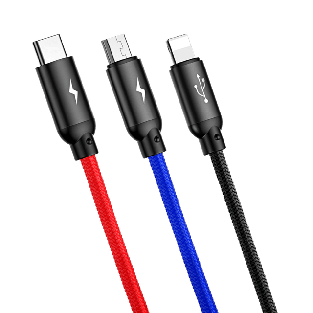 كابل الشحن Baseus Three Primary Colors 3-in-1 Cable USB For M+L+T 3.5A 30CM أسود - SW1hZ2U6NzY1ODM=