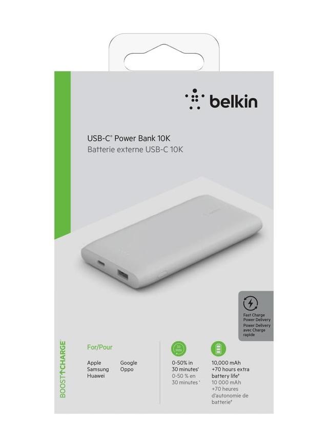 belkin boostcharge usb c powerbank 10k powerful 18w pd tablet smartphone charger w cable included for ipad pro 11 12 9 iphone 11 11 pro 11 promax x xs max 8 8 se google samsung huawei white - SW1hZ2U6NTU5NTE=