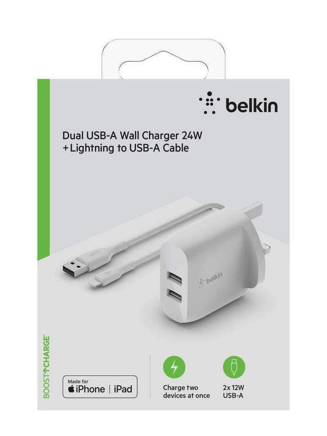 belkin boostcharge dual usb a wall charger 24w lightning cable 1m for iphone 11 pro max 11 pro 11 xr xs max xs x 8 7 6s 6 plus ipad 5th 6th gen ipad mini other compatible devices white - SW1hZ2U6NjEzMjg=