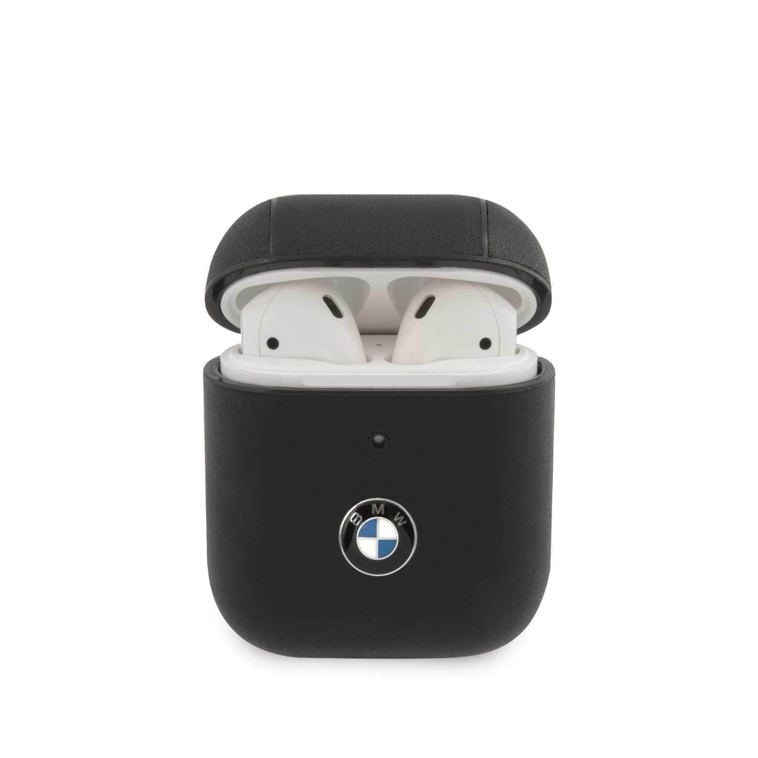 كفر BMW - Signature Collection PC Leather Case with Metal Logo for Airpods 1 / 2  - أسود