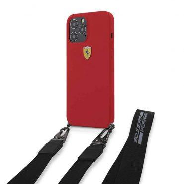 كفر Ferrari - On Track Liquid Silicone Hard Case with Removable Strap and Metal Logo for iPhone 12 Pro - أحمر