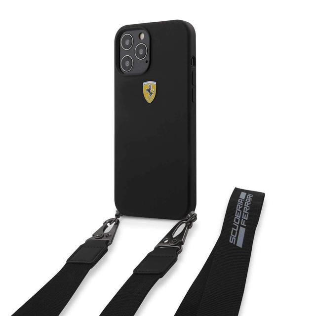 كفر Ferrari - On Track Liquid Silicone Hard Case with Removable Strap and Metal Logo for iPhone 12 Pro Max - أسود - SW1hZ2U6Njk0ODQ=