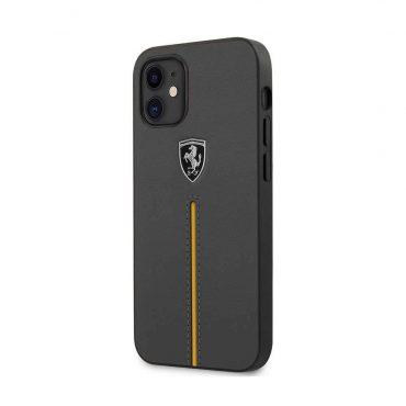 كفر Ferrari Off Track Genuine Leather Hard Case with Contrasted Stitched Nylon Middle Stripe for iPhone 12 Mini (5.4") - Dark Gray
