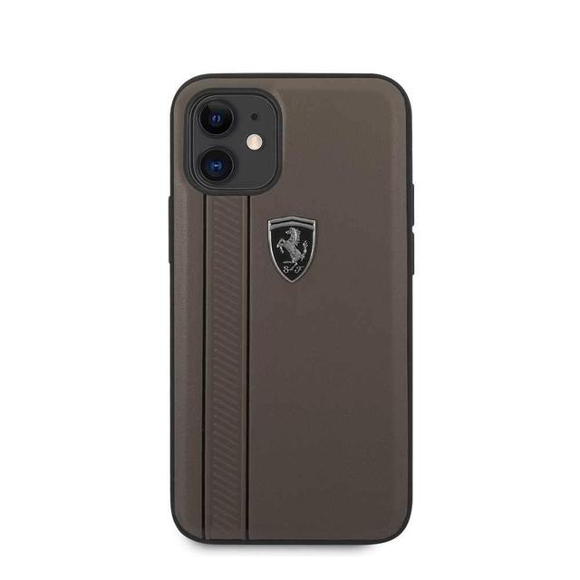 ferrari off track genuine leather hard case with contrasted stitched and embossed lines for iphone 12 mini 5 4 brown - SW1hZ2U6NzgwMDU=