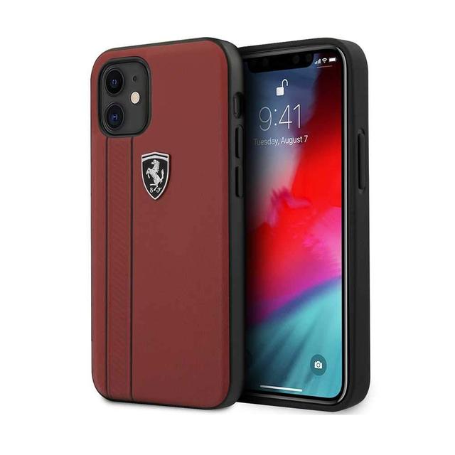 كفر Ferrari Off Track Genuine Leather Hard Case with Contrasted Stitched and Embossed Lines for iPhone 12 Mini (5.4") - Red - SW1hZ2U6NzgwMDk=