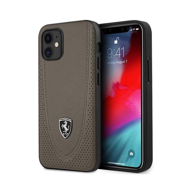 ferrari off track genuine leather hard case with curved line stitched and contrasted perforated leather for iphone 12 mini 5 4 brown - SW1hZ2U6NzgwMTU=