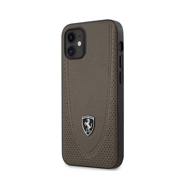 كفر Ferrari Off Track Genuine Leather Hard Case with Curved Line Stitched and Contrasted Perforated Leather for iPhone 12 Mini (5.4") - Brown - SW1hZ2U6NzgwMTY=