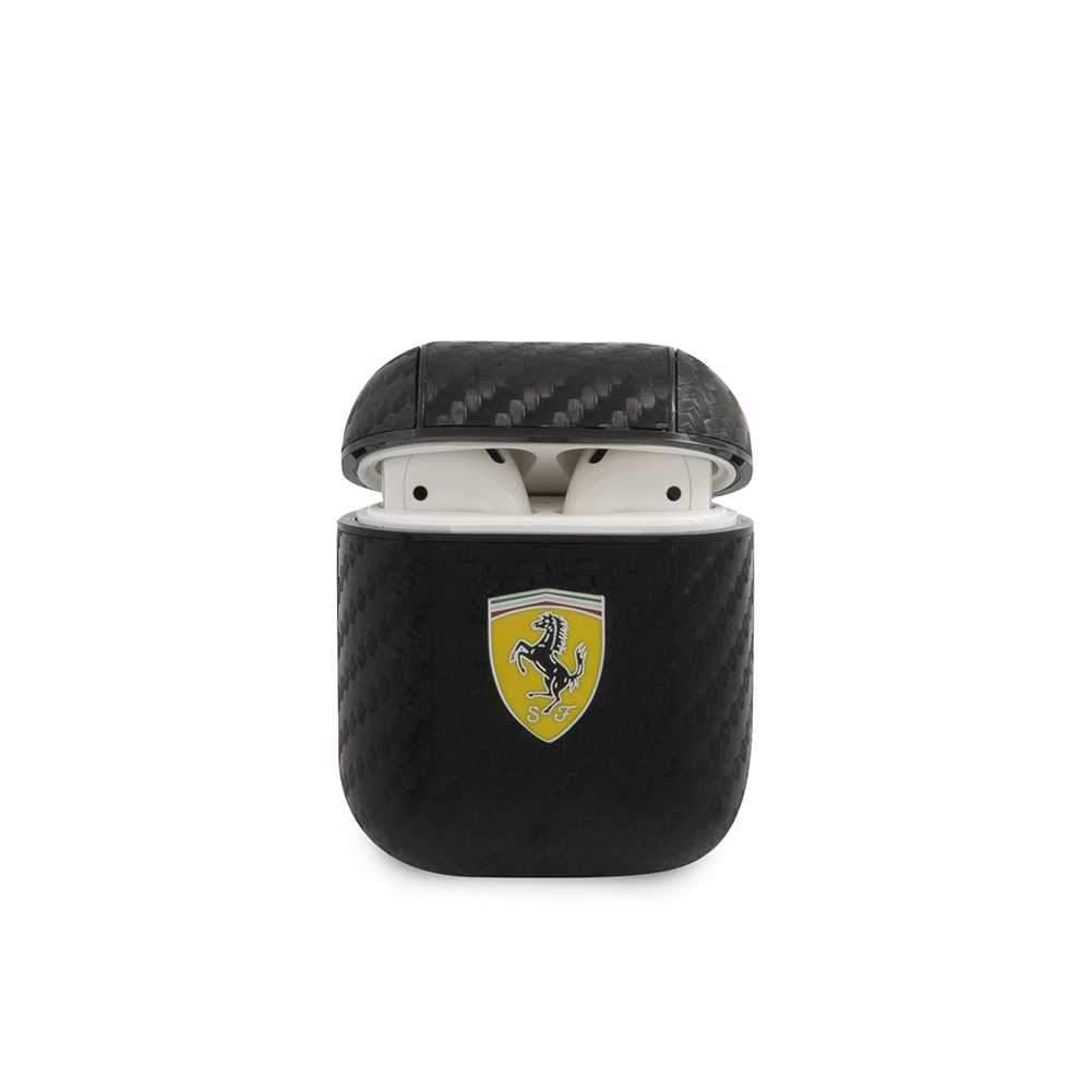 محفظة سماعات Ferrari PC PU Carbon Yellow Shield Metal Logo Case for Airpods 1/2 - Black - 1}