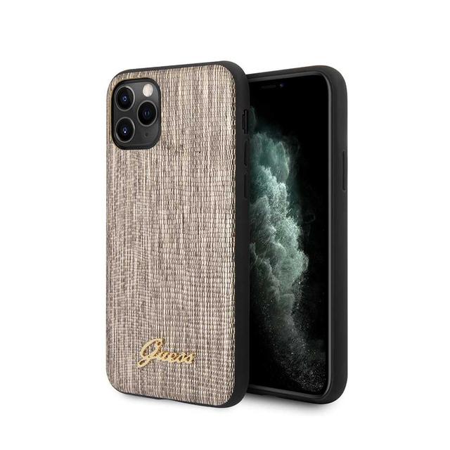 guess pu lizard print case with metal logo for iphone 11 pro gold - SW1hZ2U6NTA2NjY=